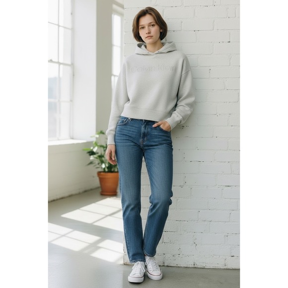 Calvin Klein Jeans Tops - Calvin Klein Jeans Womens Lg Hoodie Gray Metallic Silver Logo Cropped Pullover